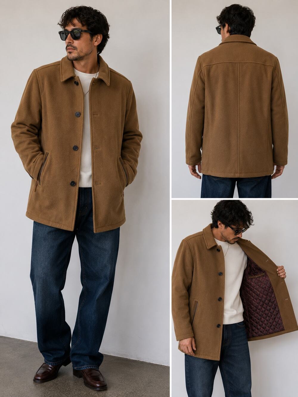 Cole Haan Signature Wool Blend Car Coat Camel Brown Quilted Lined Men's XL